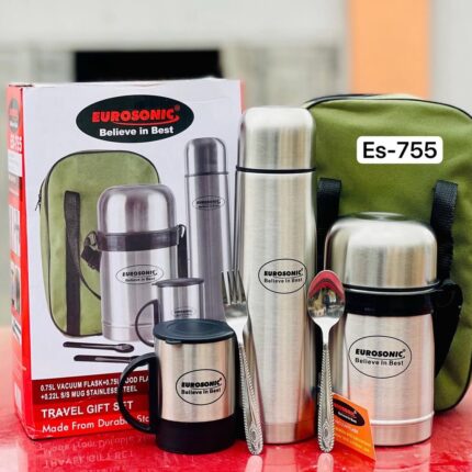 Eurosonic Es-755 stainless steel travel gift set. (750ml  vacuum flask, a 750ml food flask, a 200ml stainless steel mug, and cutlery.
